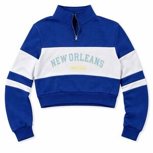 Cropped Quarter Zip Colorblock Sweatshirt New Orleans Blue White